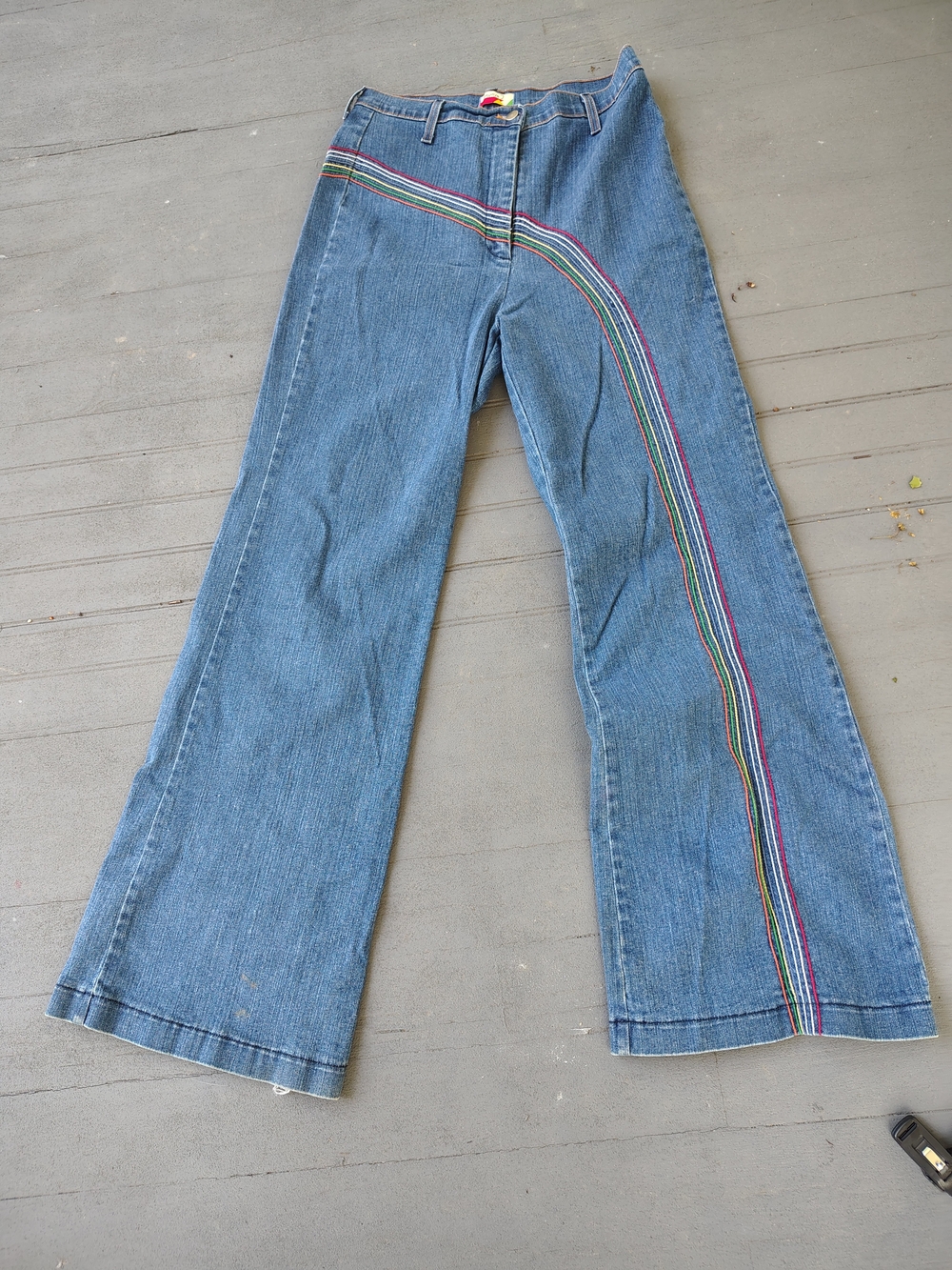 Women's  Denim Bell Bottom Jeans with Embroidered Rainbow Stripe